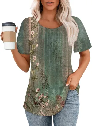 Short Sleeve Shirts for Women Summer Crew Neck Pleated Front Dressy Casual Tops Loose Fit Tunic Plus Size Ladies Blouses
