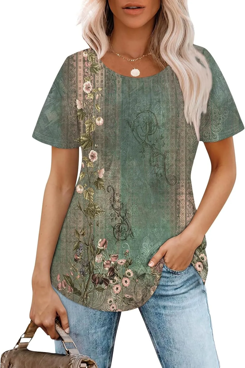 Short Sleeve Shirts for Women Summer Crew Neck Pleated Front Dressy Casual Tops Loose Fit Tunic Plus Size Ladies Blouses