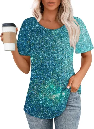 Short Sleeve Shirts for Women Summer Crew Neck Pleated Front Dressy Casual Tops Loose Fit Tunic Plus Size Ladies Blouses