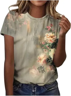 Short Sleeve Shirts for Women Vintage Floral Print Blouses Dressy Casual Ladies Loose Fit Summer Tops Trendy Outfits
