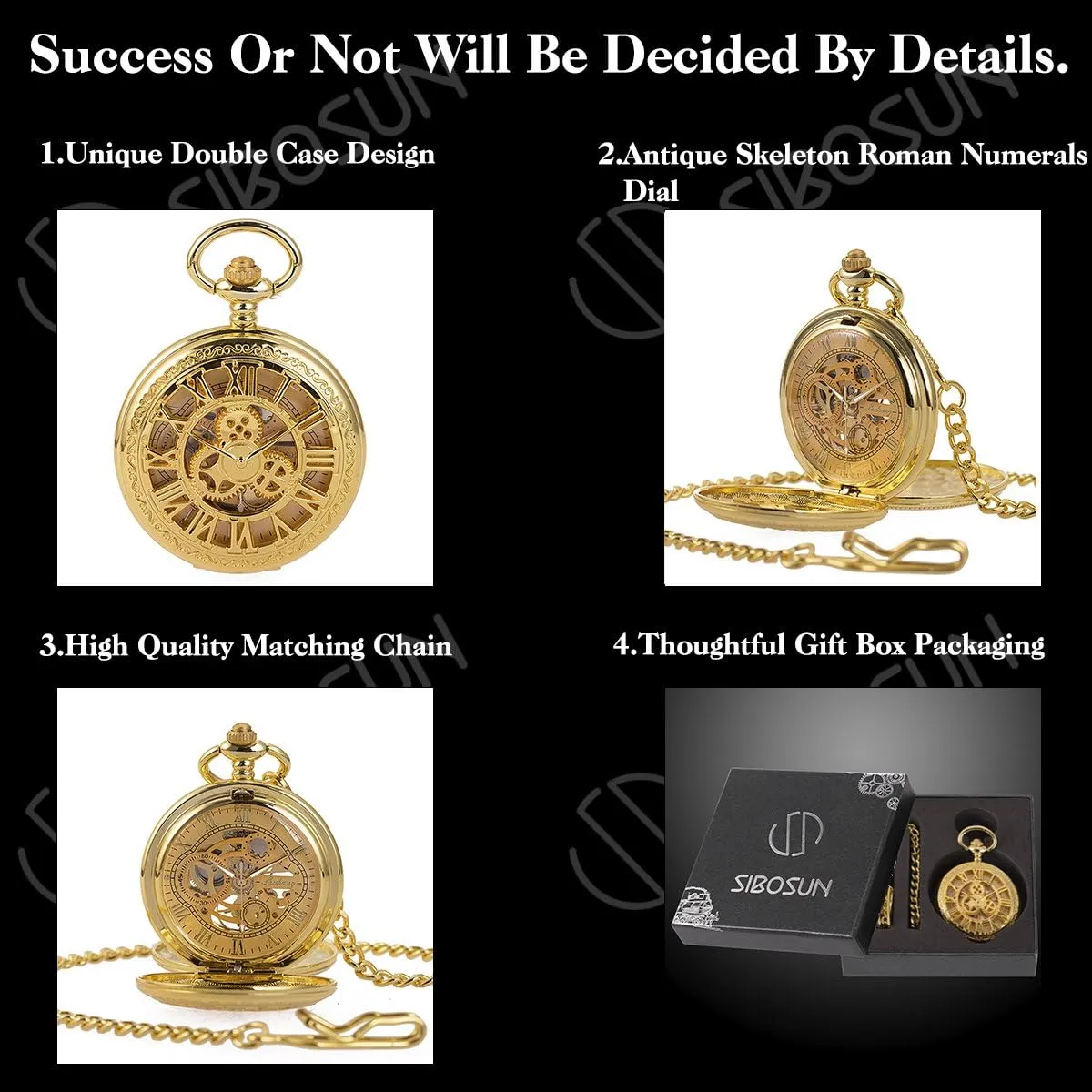 SIBOSUN Pocket Watch Skeleton Mechanical Double Case Hand-Wind Roman Numerals Antique Chain Mens