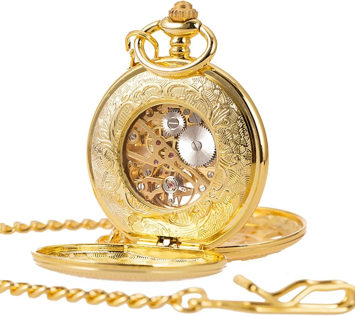 SIBOSUN Pocket Watch Skeleton Mechanical Double Case Hand-Wind Roman Numerals Antique Chain Mens