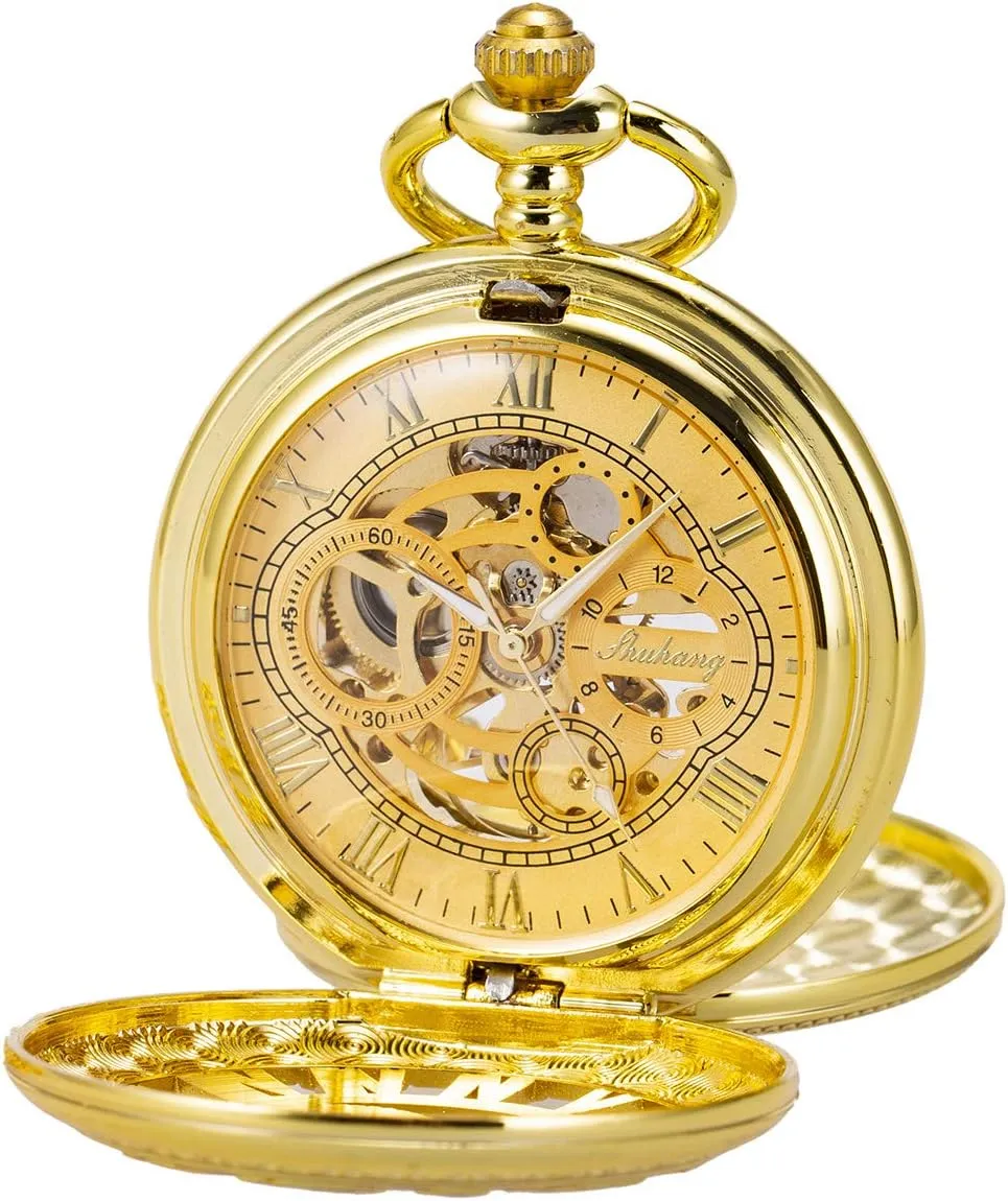 SIBOSUN Pocket Watch Skeleton Mechanical Double Case Hand-Wind Roman Numerals Antique Chain Mens