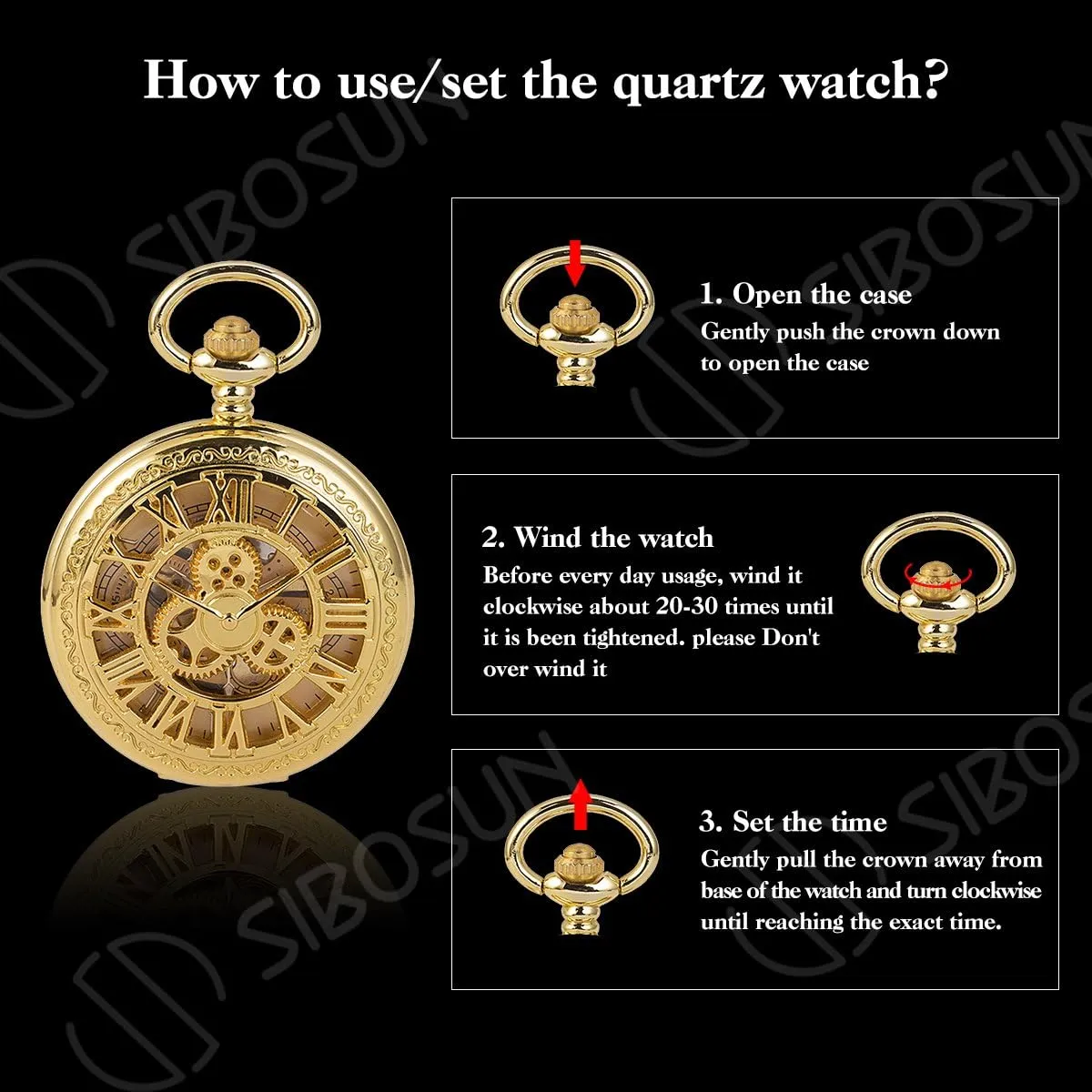 SIBOSUN Pocket Watch Skeleton Mechanical Double Case Hand-Wind Roman Numerals Antique Chain Mens