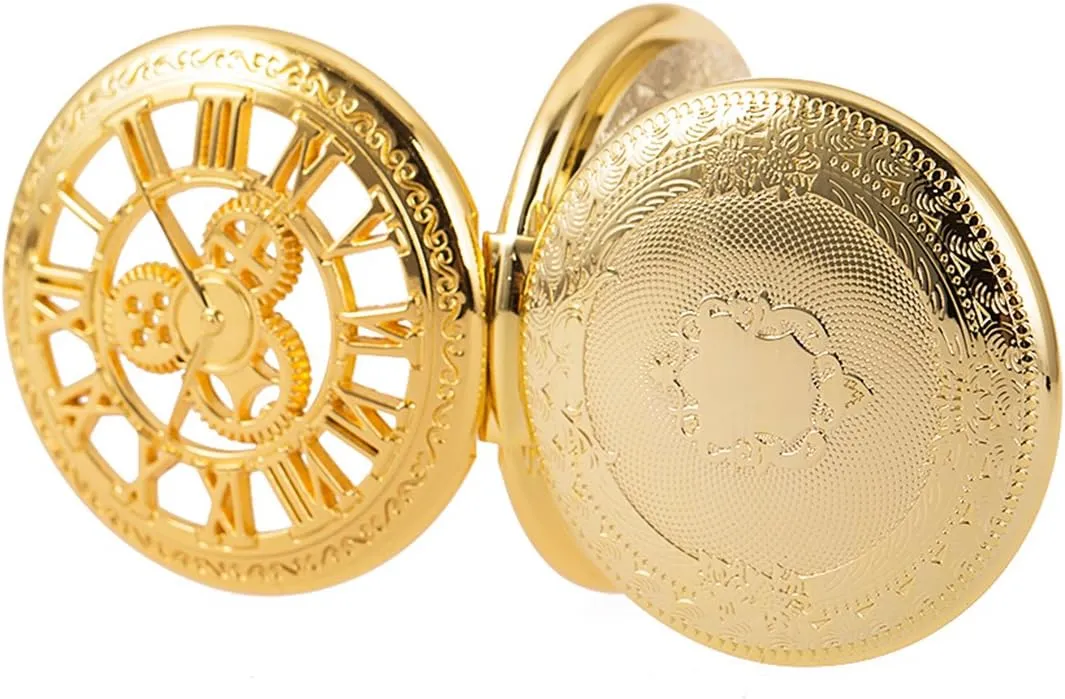 SIBOSUN Pocket Watch Skeleton Mechanical Double Case Hand-Wind Roman Numerals Antique Chain Mens