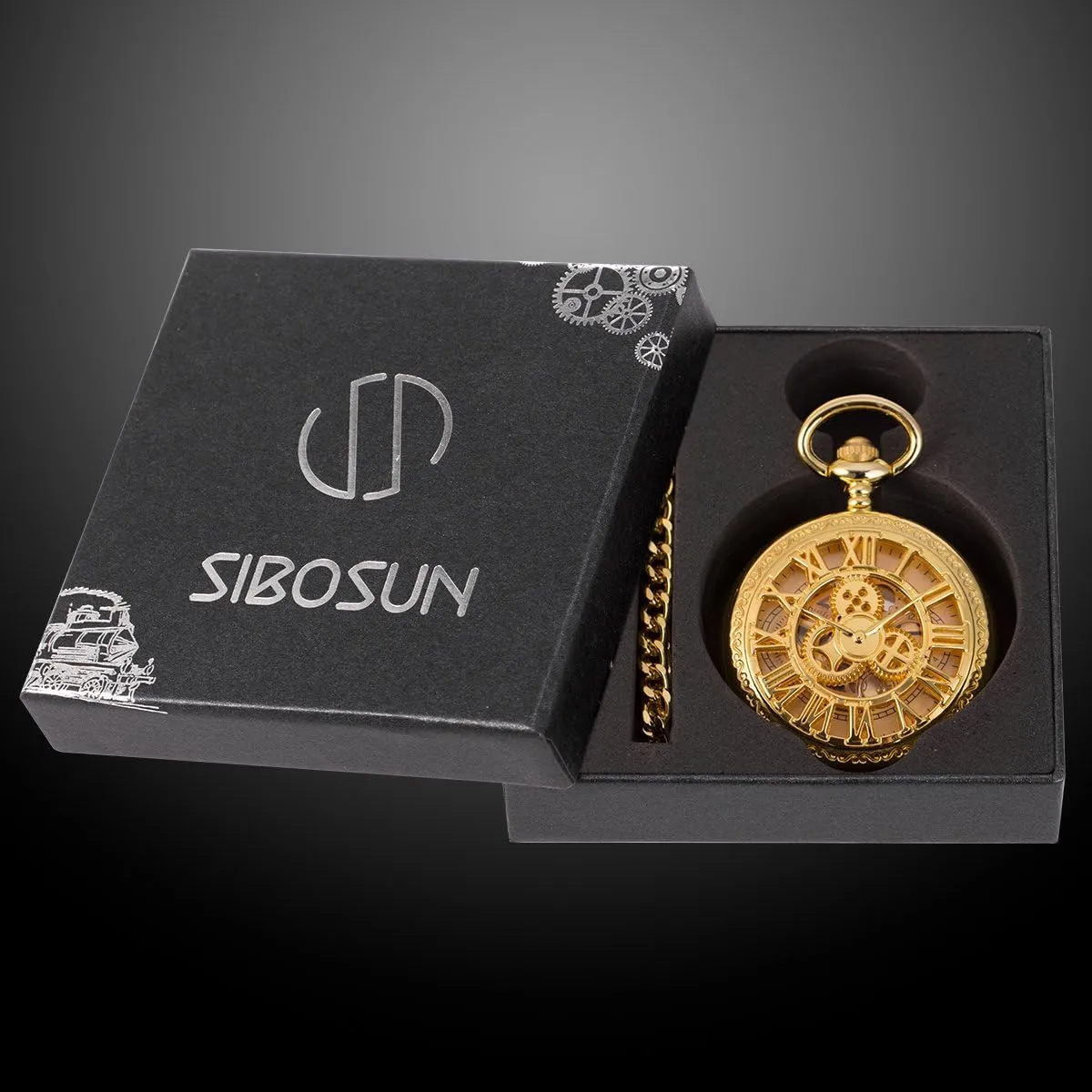 SIBOSUN Pocket Watch Skeleton Mechanical Double Case Hand-Wind Roman Numerals Antique Chain Mens