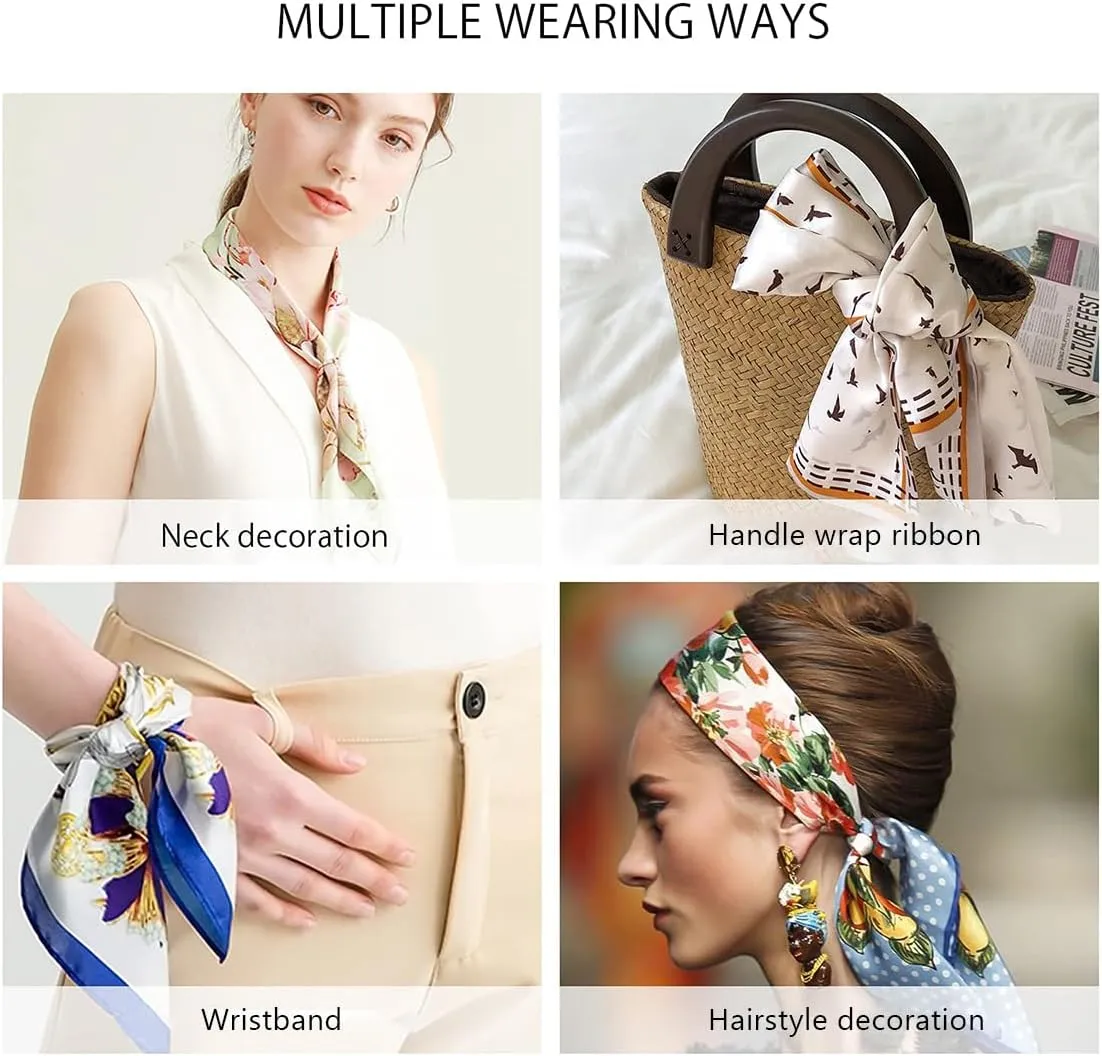 Skinny Silk Scarf Women Flower Leaf Printed Painting Pattern Narrow Long Neckerchief Headdress Hairband Hair Scarf
