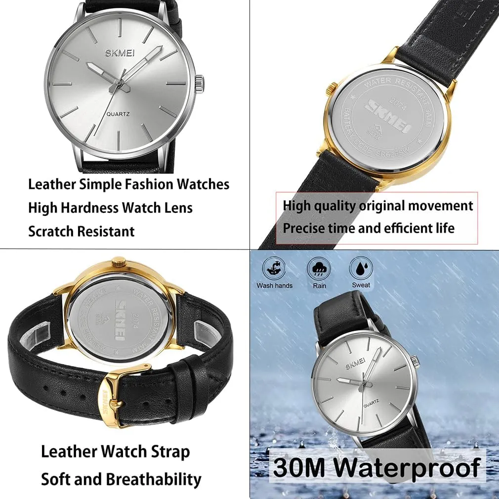SKMEI Watches for Men Black Leather Fashion Business Dress Classic Casual Simple Analog Waterproof Elegant Dad Fathers Gifts Gold Wrist Watch