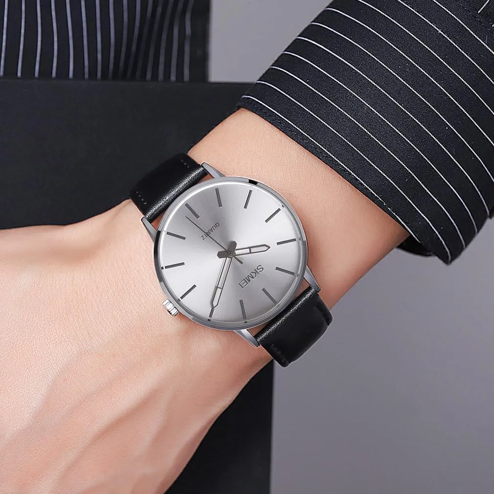 SKMEI Watches for Men Black Leather Fashion Business Dress Classic Casual Simple Analog Waterproof Elegant Dad Fathers Gifts Gold Wrist Watch