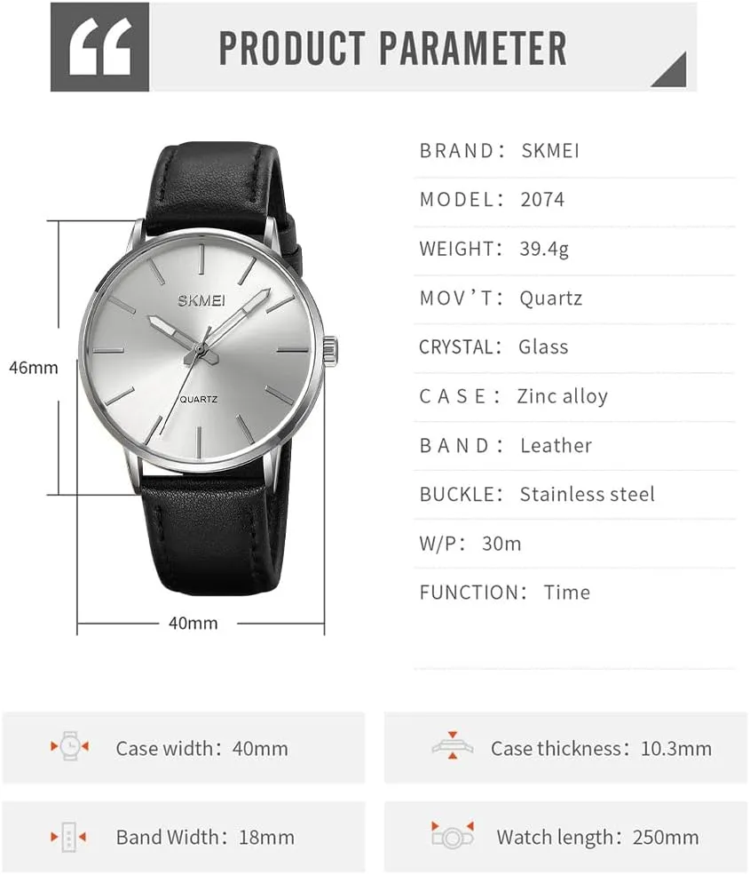 SKMEI Watches for Men Black Leather Fashion Business Dress Classic Casual Simple Analog Waterproof Elegant Dad Fathers Gifts Gold Wrist Watch
