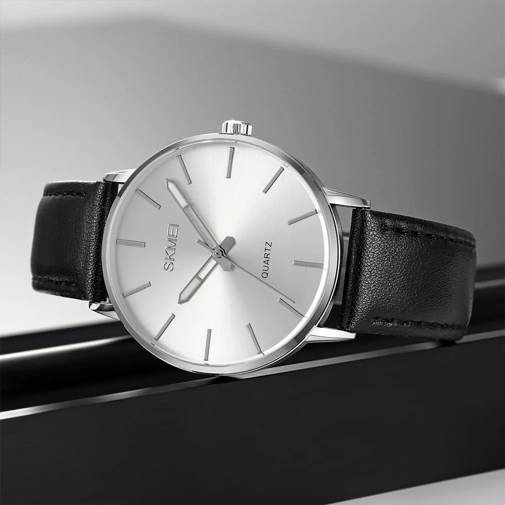 SKMEI Watches for Men Black Leather Fashion Business Dress Classic Casual Simple Analog Waterproof Elegant Dad Fathers Gifts Gold Wrist Watch