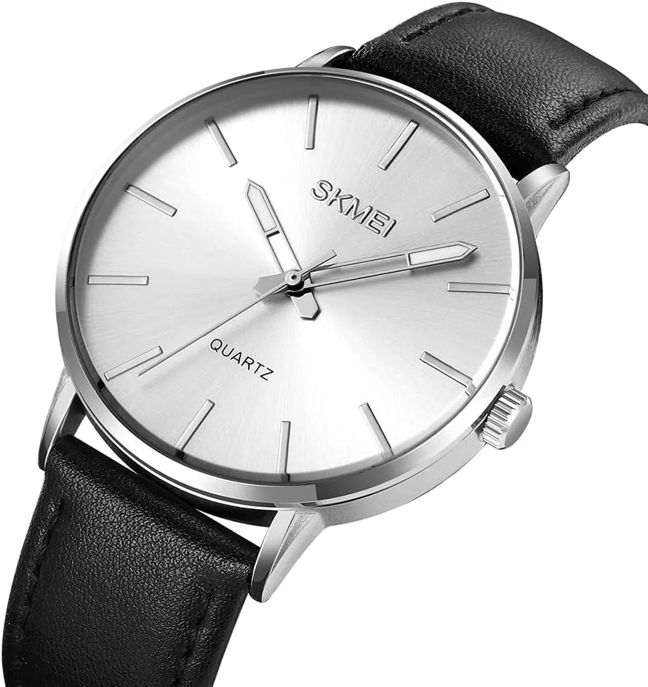 SKMEI Watches for Men Black Leather Fashion Business Dress Classic Casual Simple Analog Waterproof Elegant Dad Fathers Gifts Gold Wrist Watch