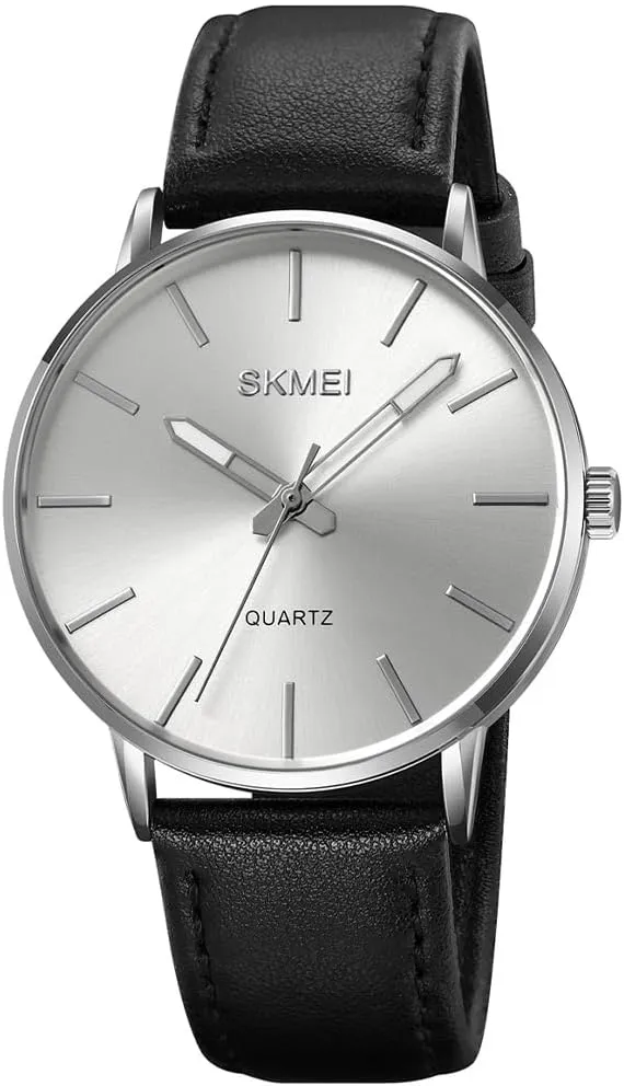 SKMEI Watches for Men Black Leather Fashion Business Dress Classic Casual Simple Analog Waterproof Elegant Dad Fathers Gifts Gold Wrist Watch