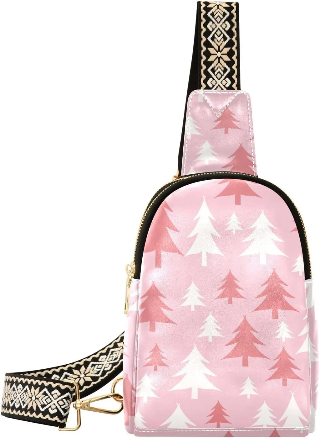 Small Sling Bag Fanny Packs Crossbody Bags for Women Pink Christmas Trees Pattern Leather Fashion Chest Bag Belt Bag for Women for Travel Sports Running Hiking