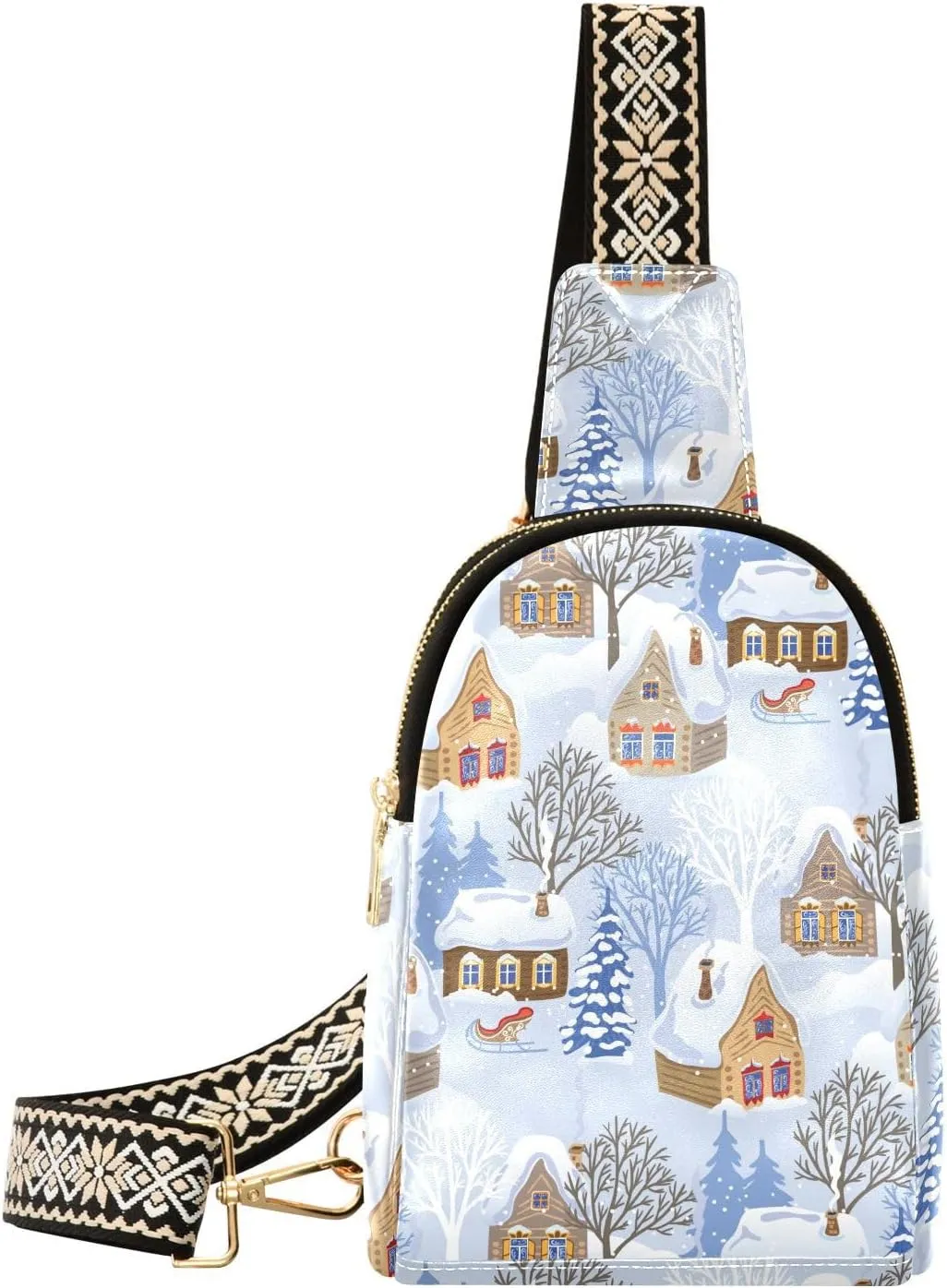 Small Sling Bag Fanny Packs Crossbody Bags for Women Snow-covered Houses Leather Fashion Chest Bag Belt Bag for Women for Travel Sports Running Hiking