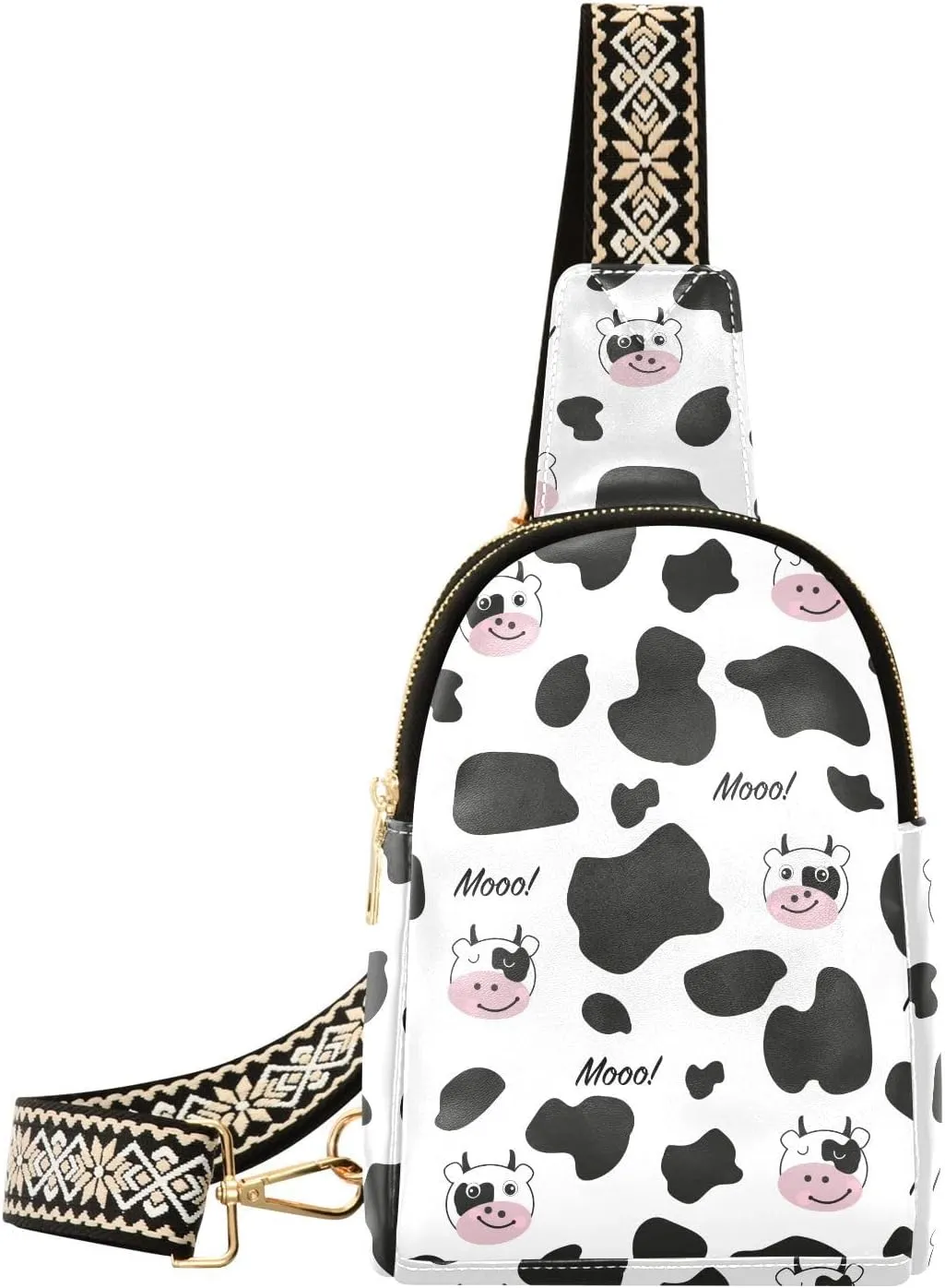 Small Sling Bag for Women Cute Cow Moo Face PC Leather Fanny Pack Crossbody Black White Fashion Waist Packs Chest Bag for Travel Sports Running Hiking