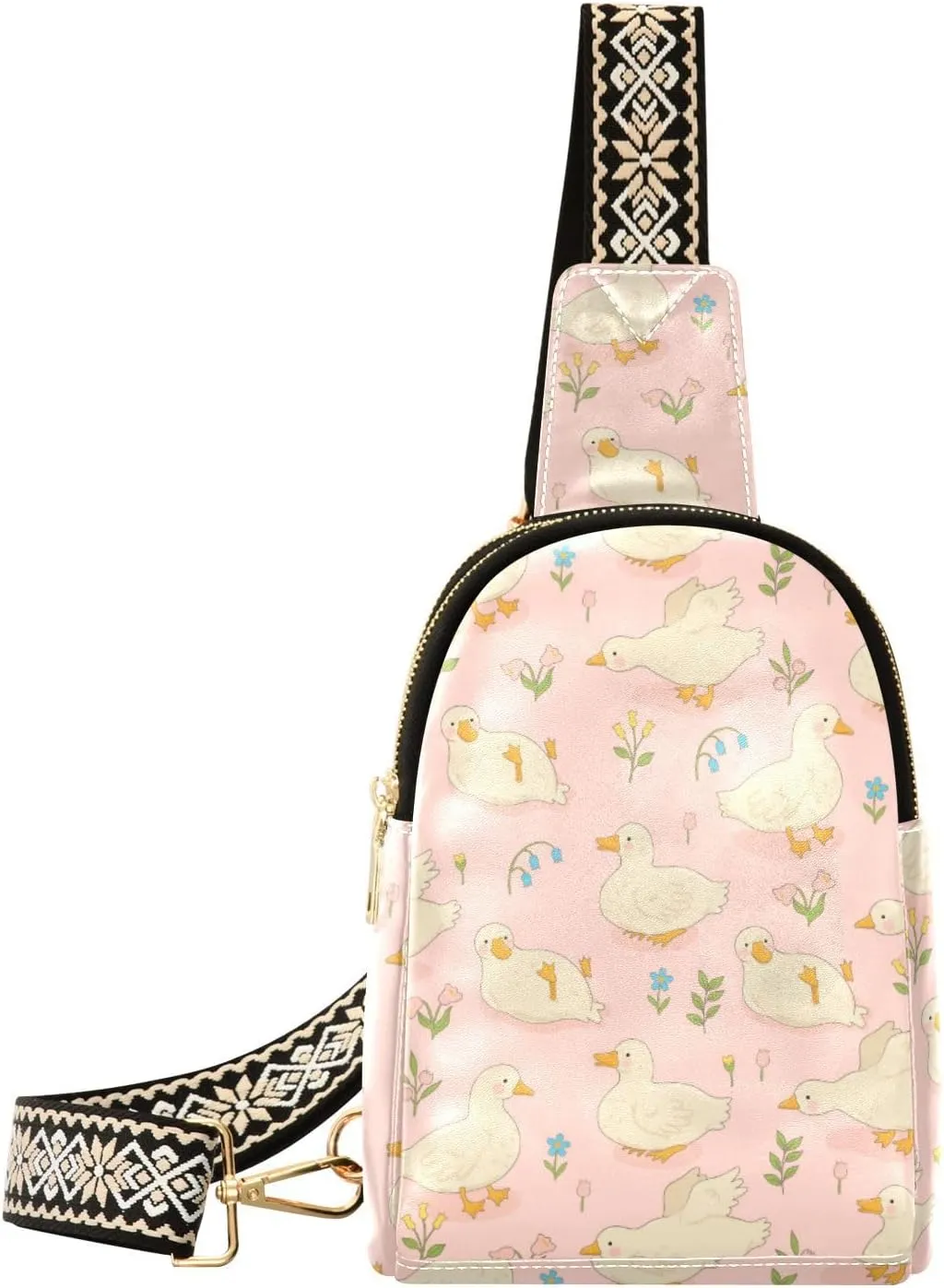 Small Sling Bag for Women Cute White Ducks and Flowers PC Leather Fanny Pack Crossbody Fashion Waist Packs Chest Bag for Travel Sports Running Hiking
