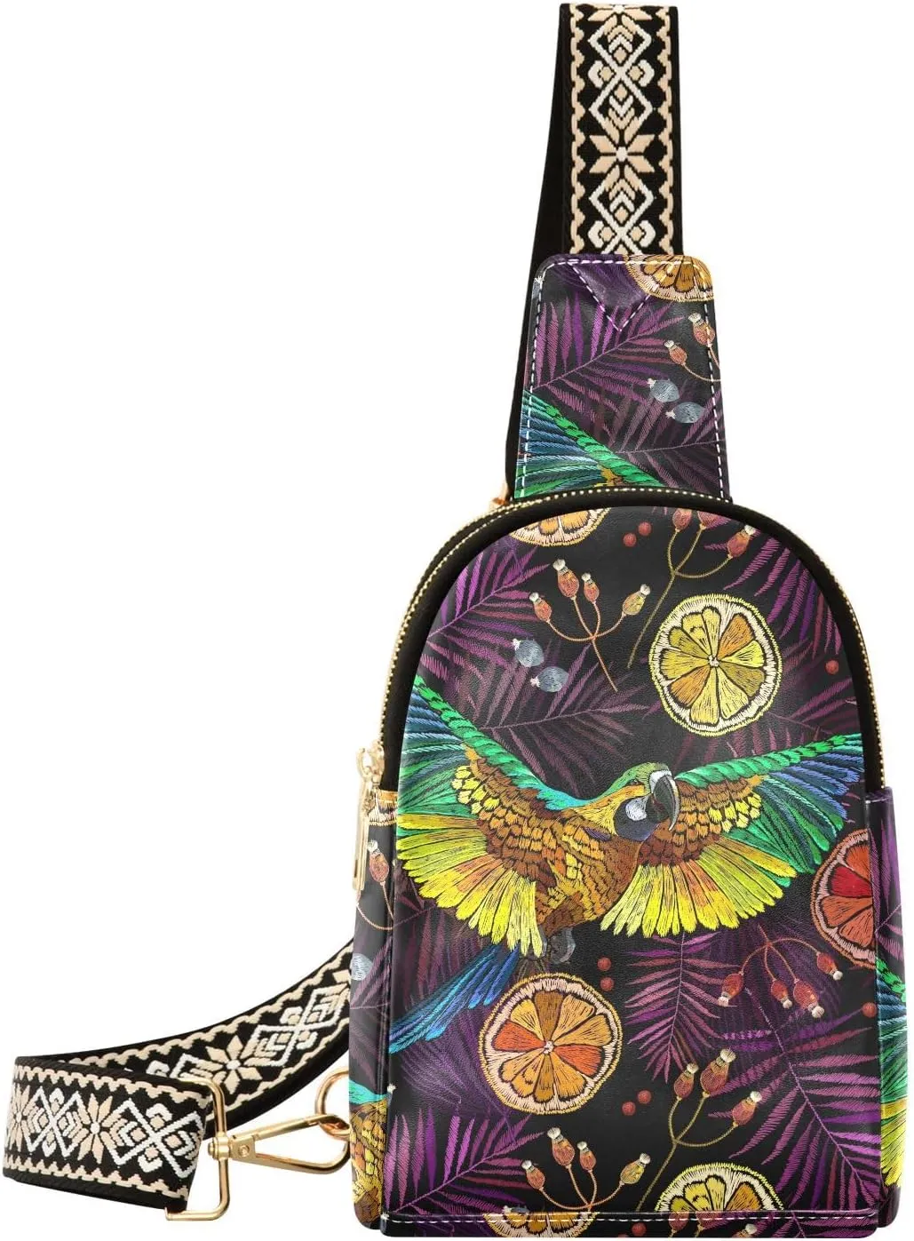 Small Sling Bag for Women Embroidery Parrot Lemon PC Leather Fanny Pack Crossbody Tropical Leaf Fashion Waist Packs Chest Bag for Travel Sports Running Hiking