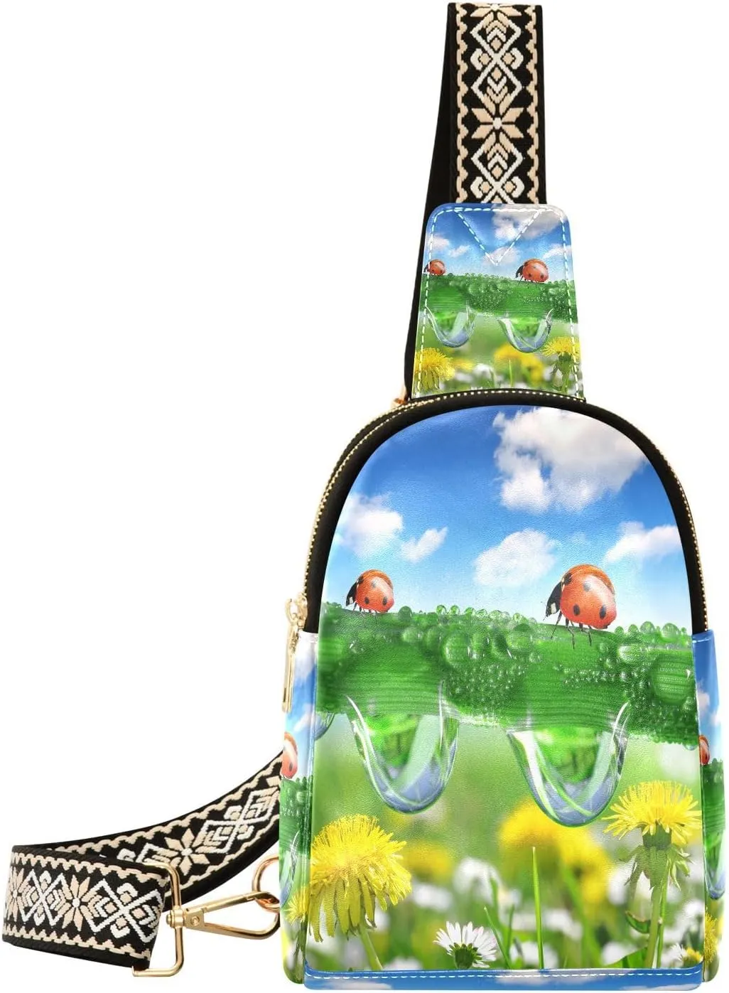 Small Sling Bag for Women Spring Ladybugs PC Leather Fanny Pack Crossbody Funny Flowers Fashion Waist Packs Chest Bag for Travel Sports Running Hiking