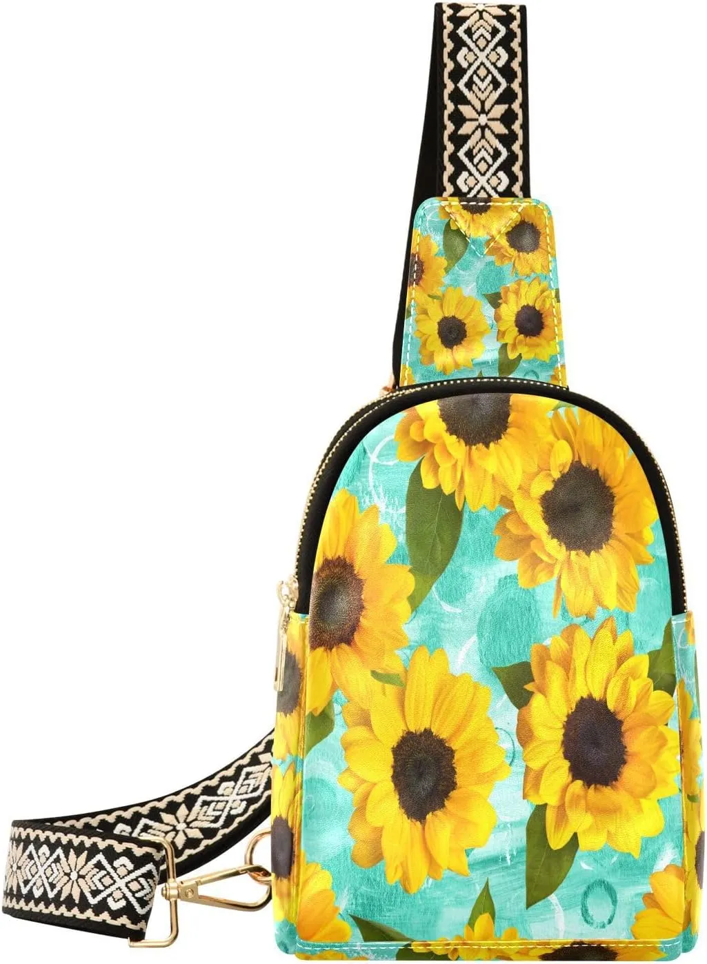 Small Sling Bag for Women Sunflowers Teal Spring PC Leather Fanny Pack Crossbody Floral Yellow Green Fashion Waist Packs Chest Bag for Travel Sports Running Hiking