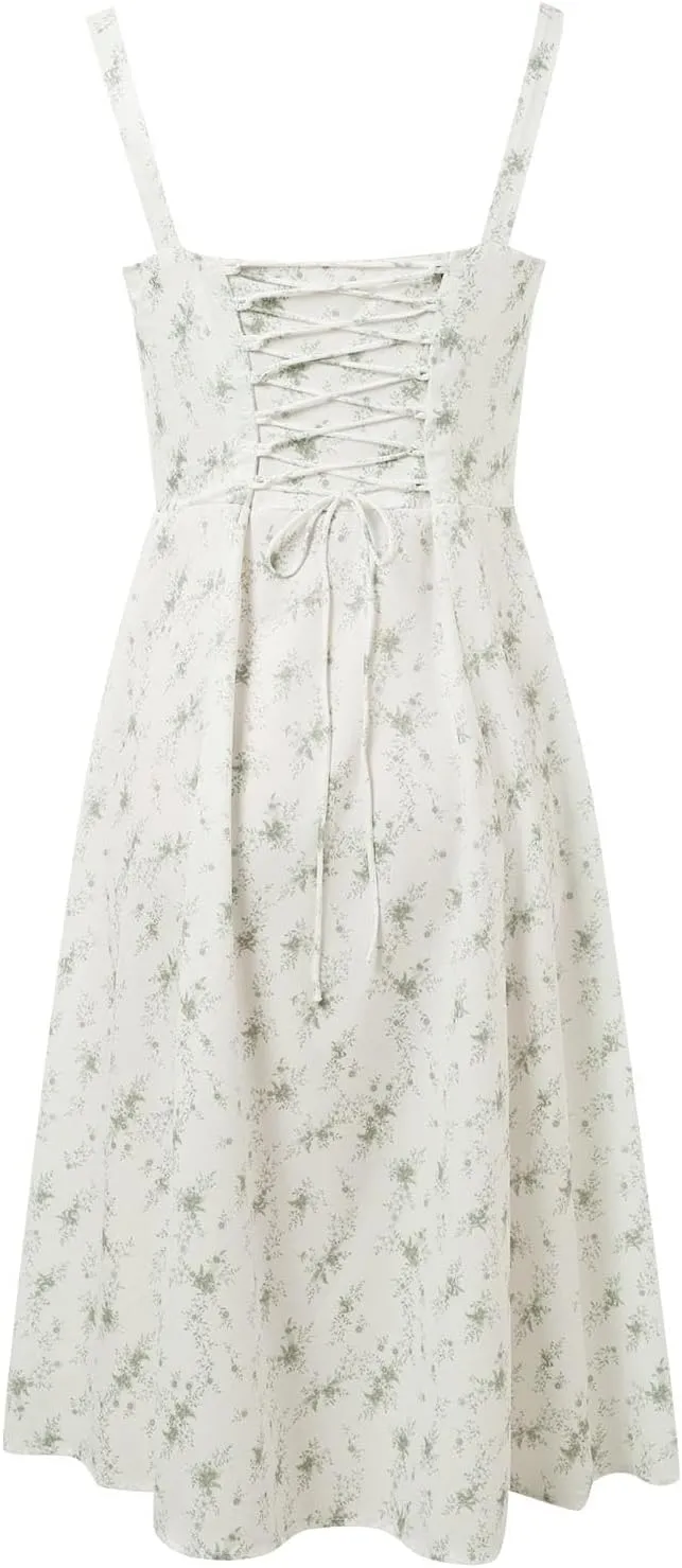 Spaghetti Strap Lace Up High Split Long Bodycon Maxi Dresses Summer Y2k Tie Vacay Dress Sexy Floral Beach Sun Dress