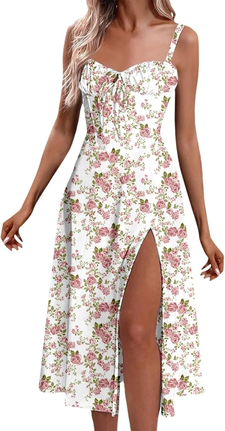 Spaghetti Strap Lace Up High Split Long Bodycon Maxi Dresses Summer Y2k Tie Vacay Dress Sexy Floral Beach Sun Dress