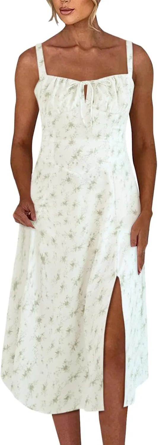 Spaghetti Strap Lace Up High Split Long Bodycon Maxi Dresses Summer Y2k Tie Vacay Dress Sexy Floral Beach Sun Dress