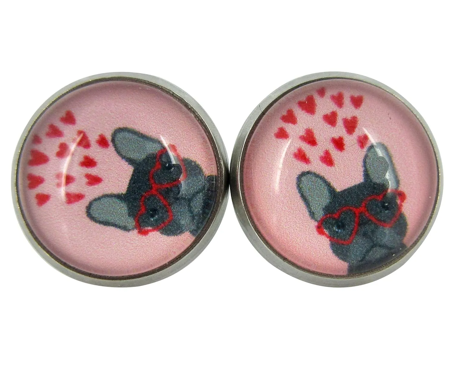 Stainless Steel French Bulldog Sunglasses Print Glass Stud Earrings 12mm