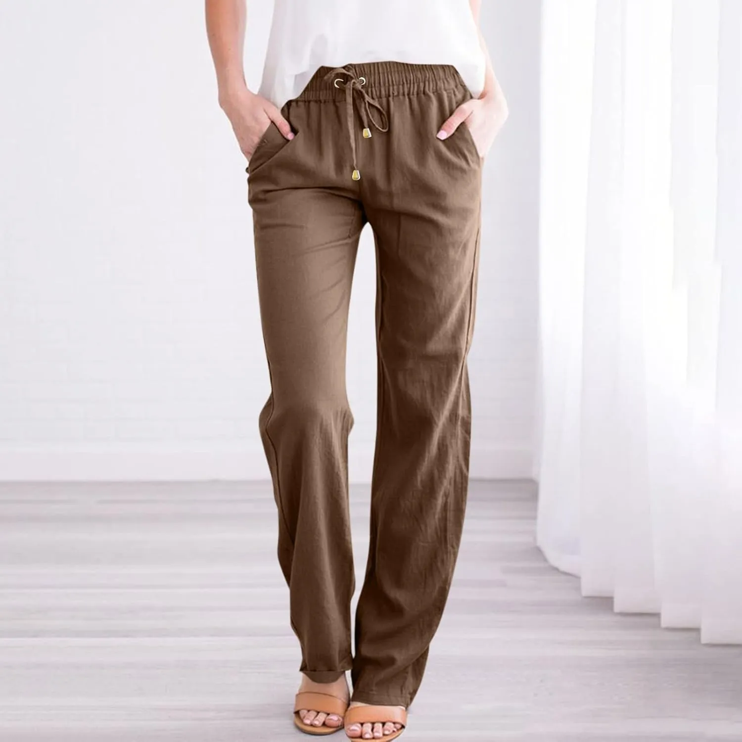 Straight Leg Linen Pants for Women,Summer Wide Leg Lounge Pants with Pockets,Drawstring High Waisted Casual Pants