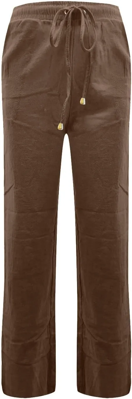 Straight Leg Linen Pants for Women,Summer Wide Leg Lounge Pants with Pockets,Drawstring High Waisted Casual Pants