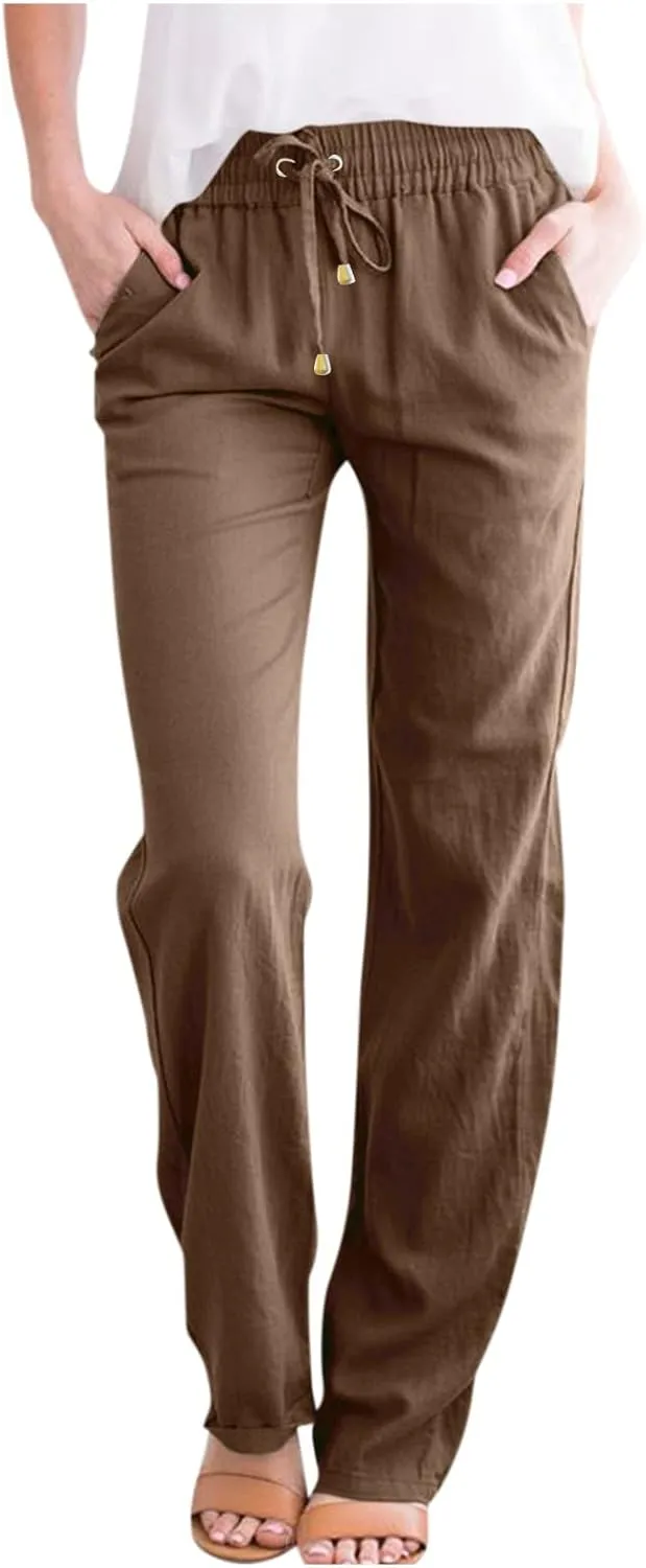 Straight Leg Linen Pants for Women,Summer Wide Leg Lounge Pants with Pockets,Drawstring High Waisted Casual Pants