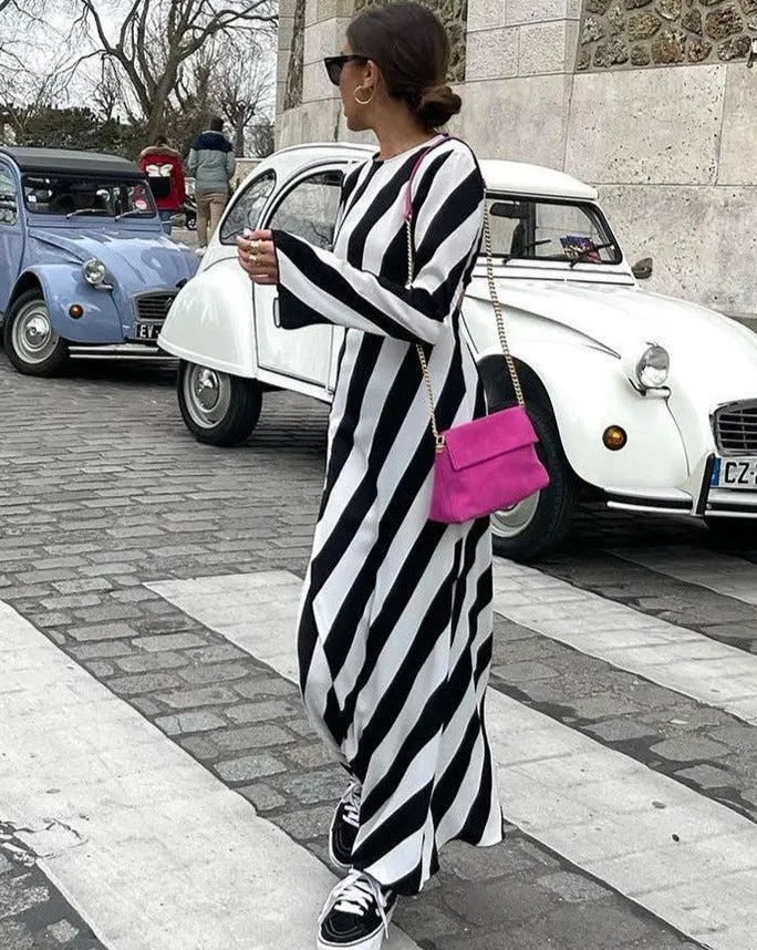 STRIPE PRINT BACKLESS MAXI DRESS