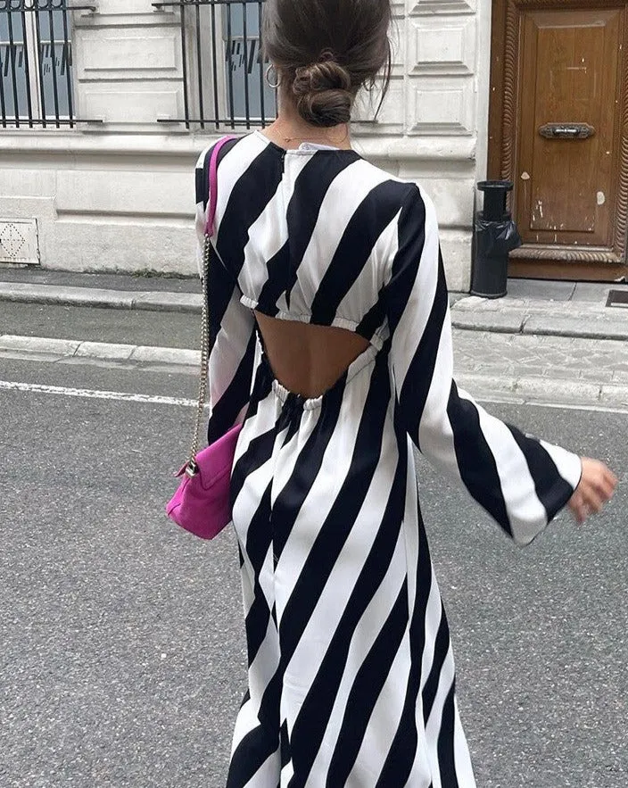 STRIPE PRINT BACKLESS MAXI DRESS