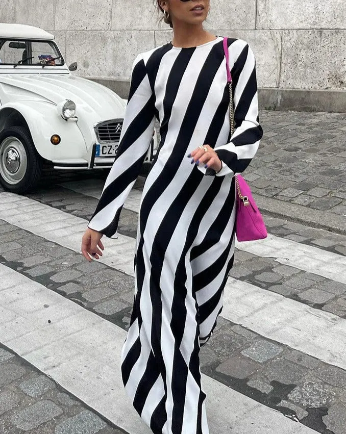 STRIPE PRINT BACKLESS MAXI DRESS
