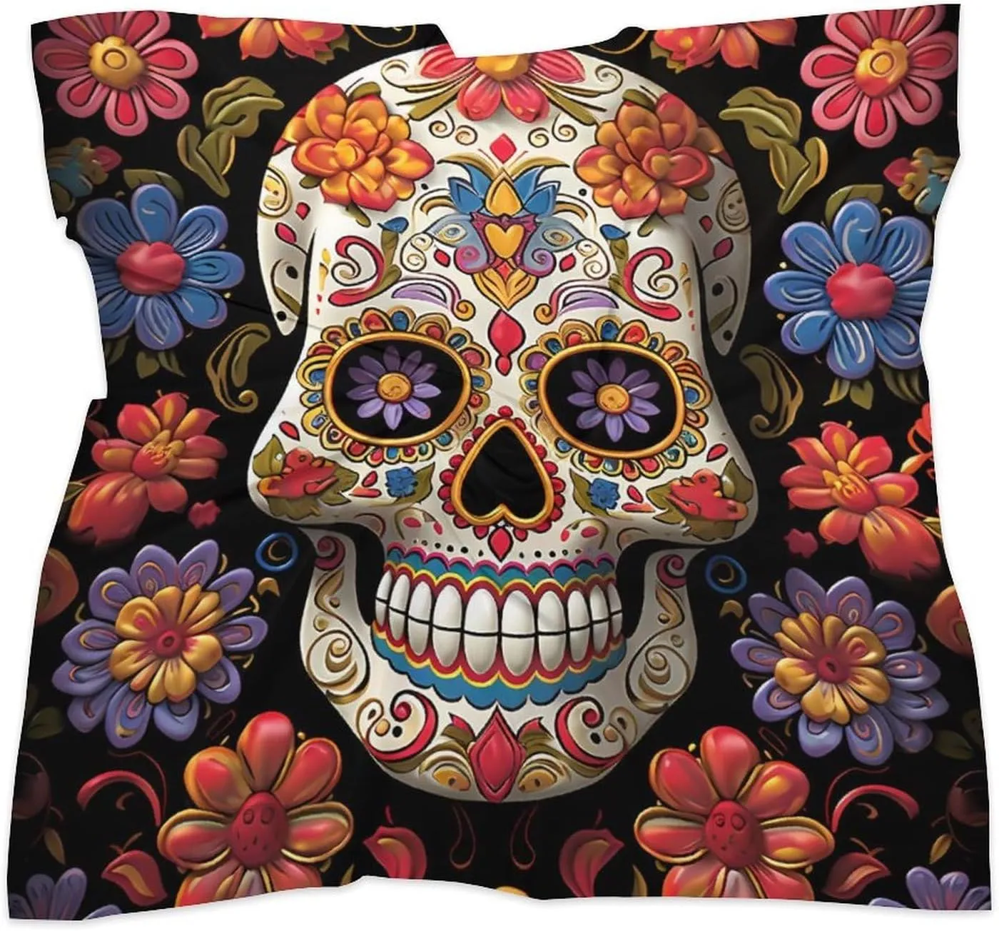 Sugar Skulls Head Scarf Like Silk Scarf Lightweight Fashion Satin Hair Bandanas for Women Boho Headscarf Hair Wrap Bandana Headband Handkerchief Silk Scarves for Bag Purse Neck 18 Inch