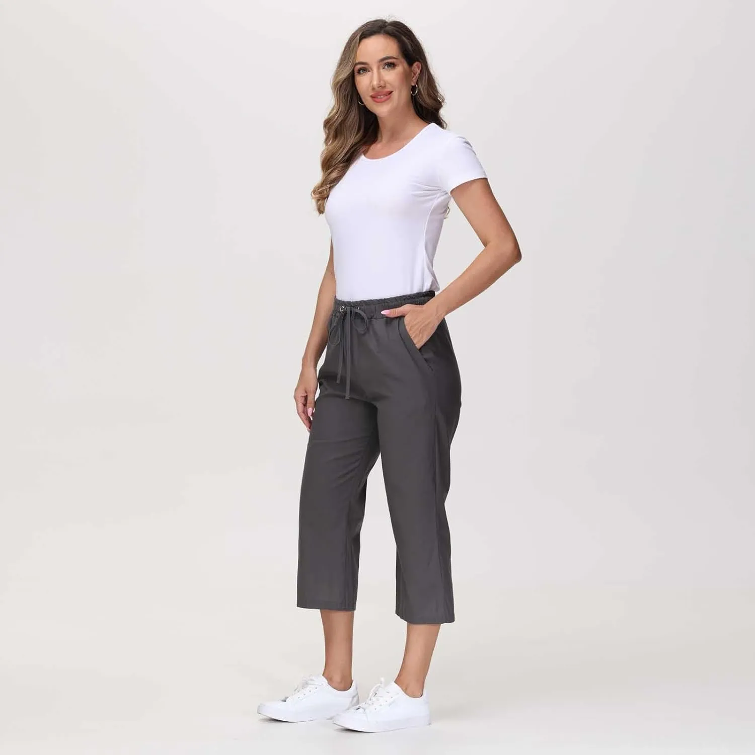 Summer Pants for Women - Linen Capri Pants for Women Cropped Casual Pants Baggy Beach Pants with Pockets Lounge Trousers