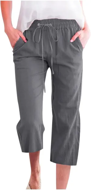 Summer Pants for Women - Linen Capri Pants for Women Cropped Casual Pants Baggy Beach Pants with Pockets Lounge Trousers