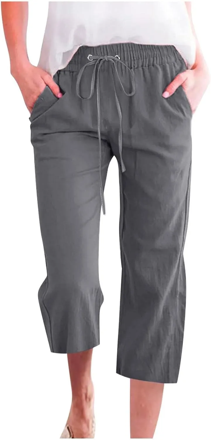 Summer Pants for Women - Linen Capri Pants for Women Cropped Casual Pants Baggy Beach Pants with Pockets Lounge Trousers