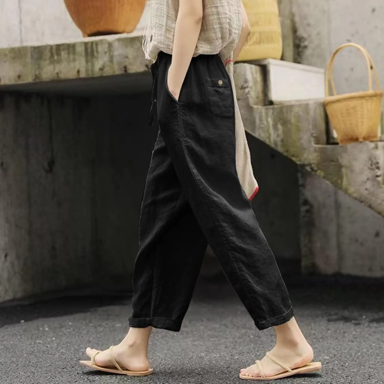 Summer Pants for Women Striped Side Button Pants Baggy Elastic Waist Straight Leg Trousers with Pockets