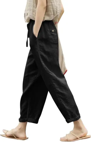 Summer Pants for Women Striped Side Button Pants Baggy Elastic Waist Straight Leg Trousers with Pockets