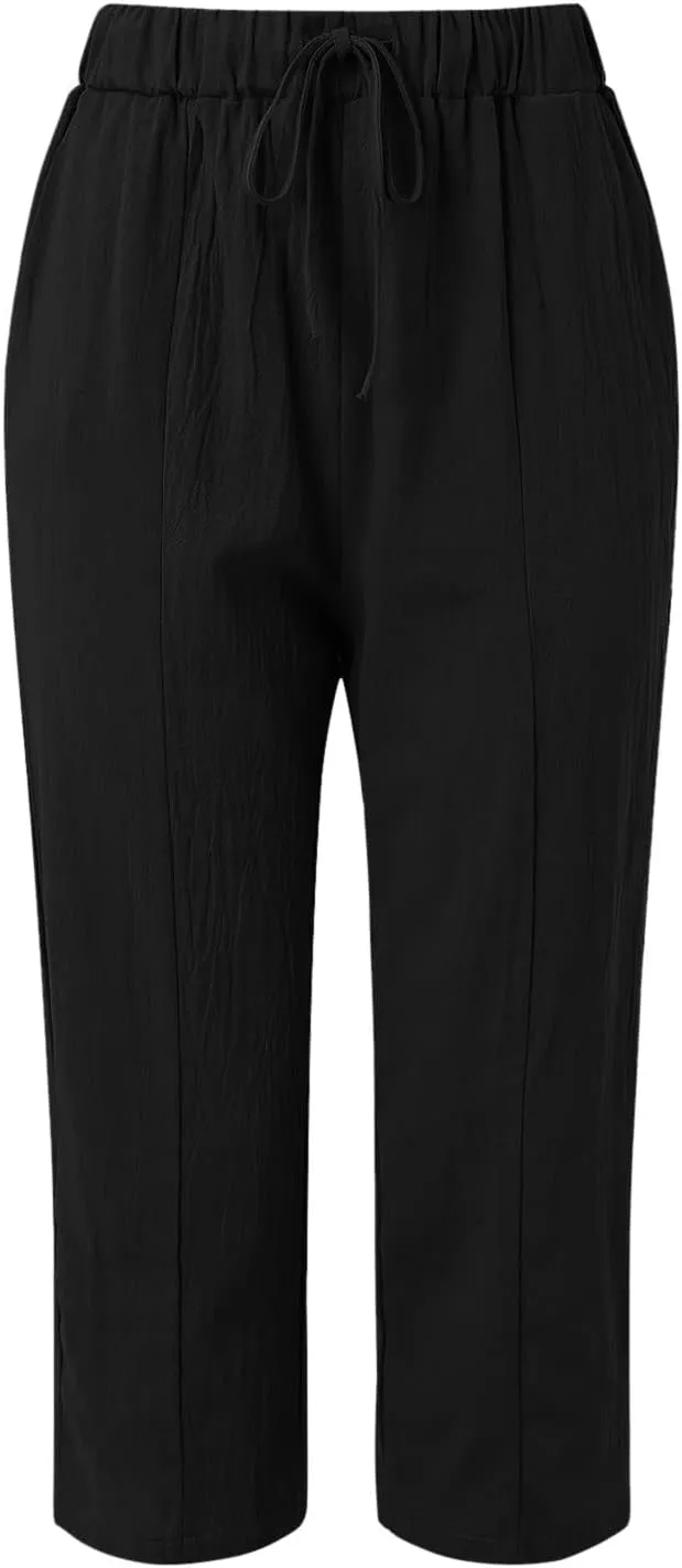Summer Pants for Women Striped Side Button Pants Baggy Elastic Waist Straight Leg Trousers with Pockets