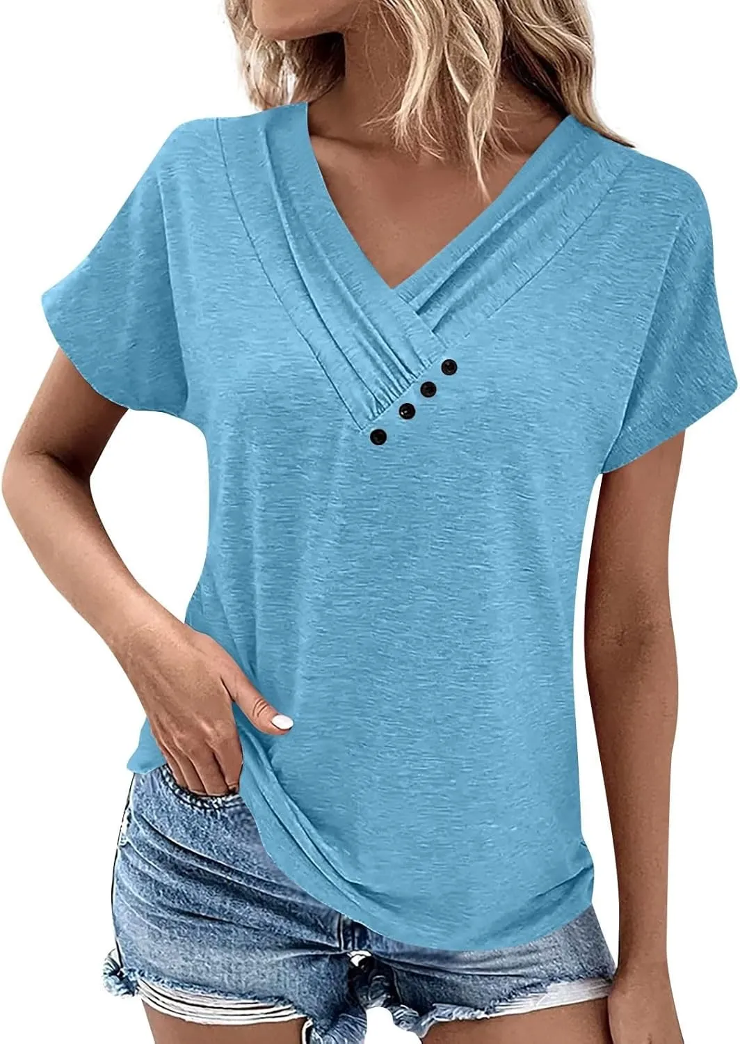 Summer Tops for Women 2025 Pleated V Neck Short Sleeve Shirts Button Down Workout Blouses Dressy Casual Tunic Tops