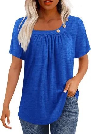 Summer Tops for Women 2025 Short Sleeve Shirts Dressy Casual Loose Fitted T-Shirts Button Decor Plain Tunic Tops Blouse