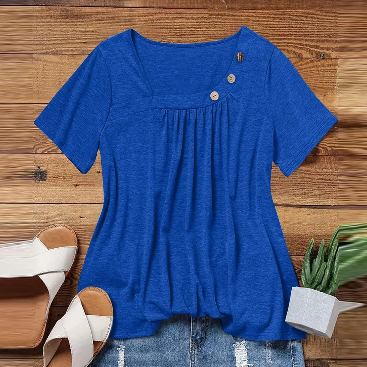 Summer Tops for Women 2025 Short Sleeve Shirts Dressy Casual Loose Fitted T-Shirts Button Decor Plain Tunic Tops Blouse