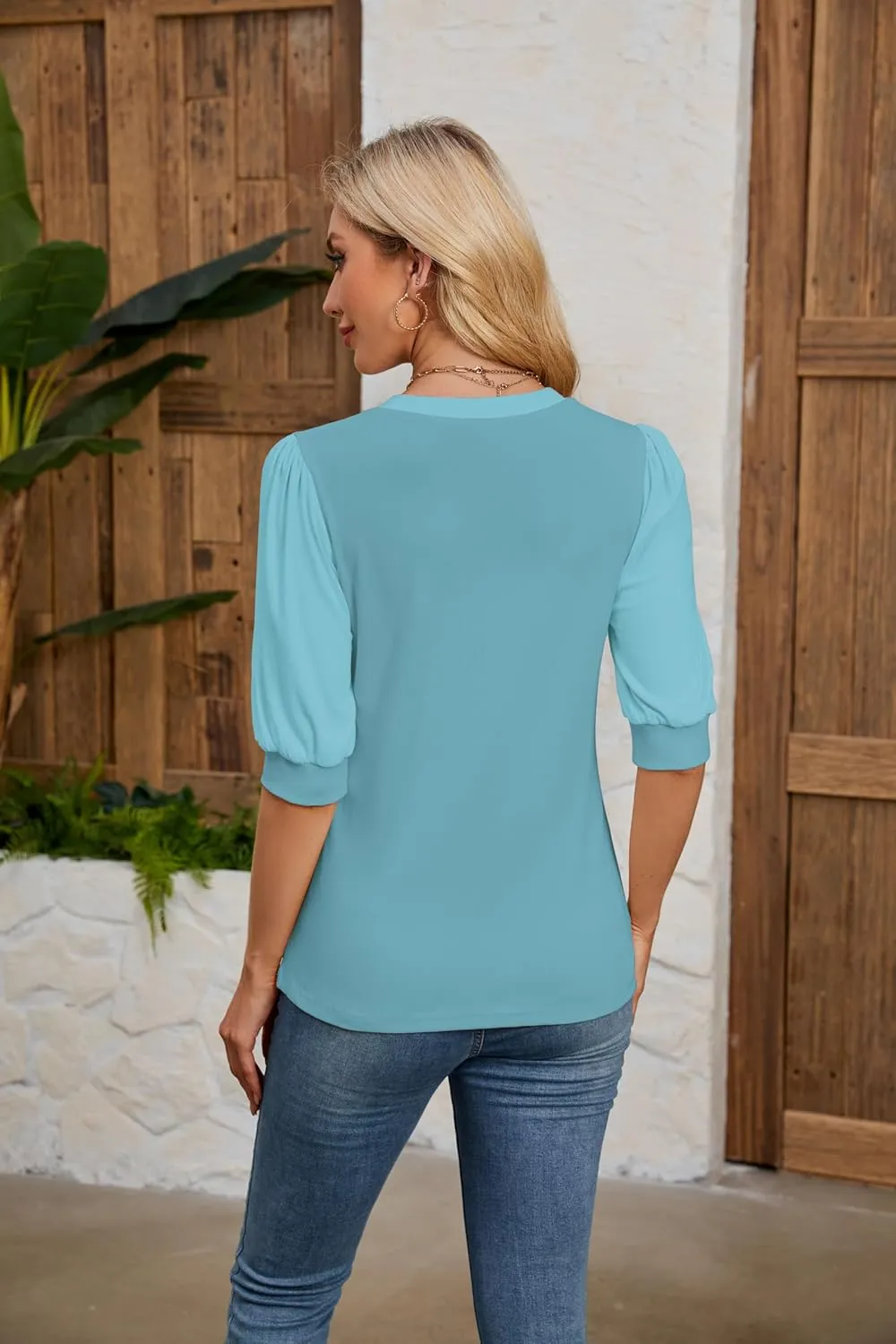 Summer Tops for Women 2025 Trendy Dressy Casual Blouse Puff Short Sleeve Shirts Knit Henley V Neck T Shirt Tunic