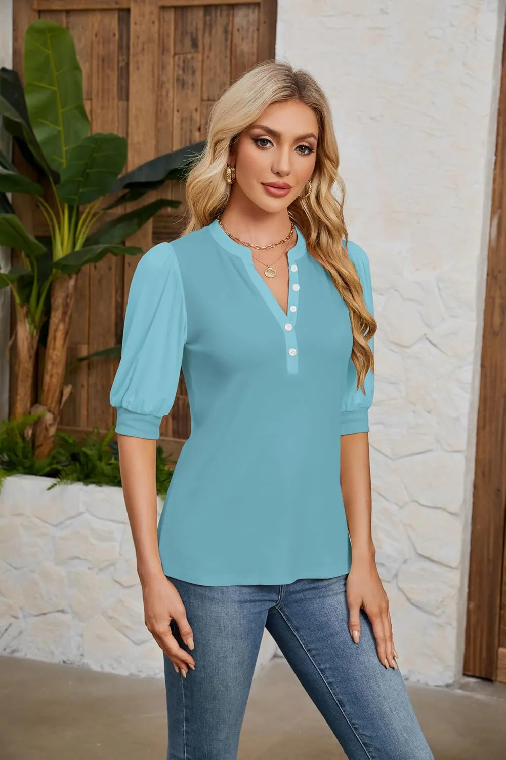 Summer Tops for Women 2025 Trendy Dressy Casual Blouse Puff Short Sleeve Shirts Knit Henley V Neck T Shirt Tunic