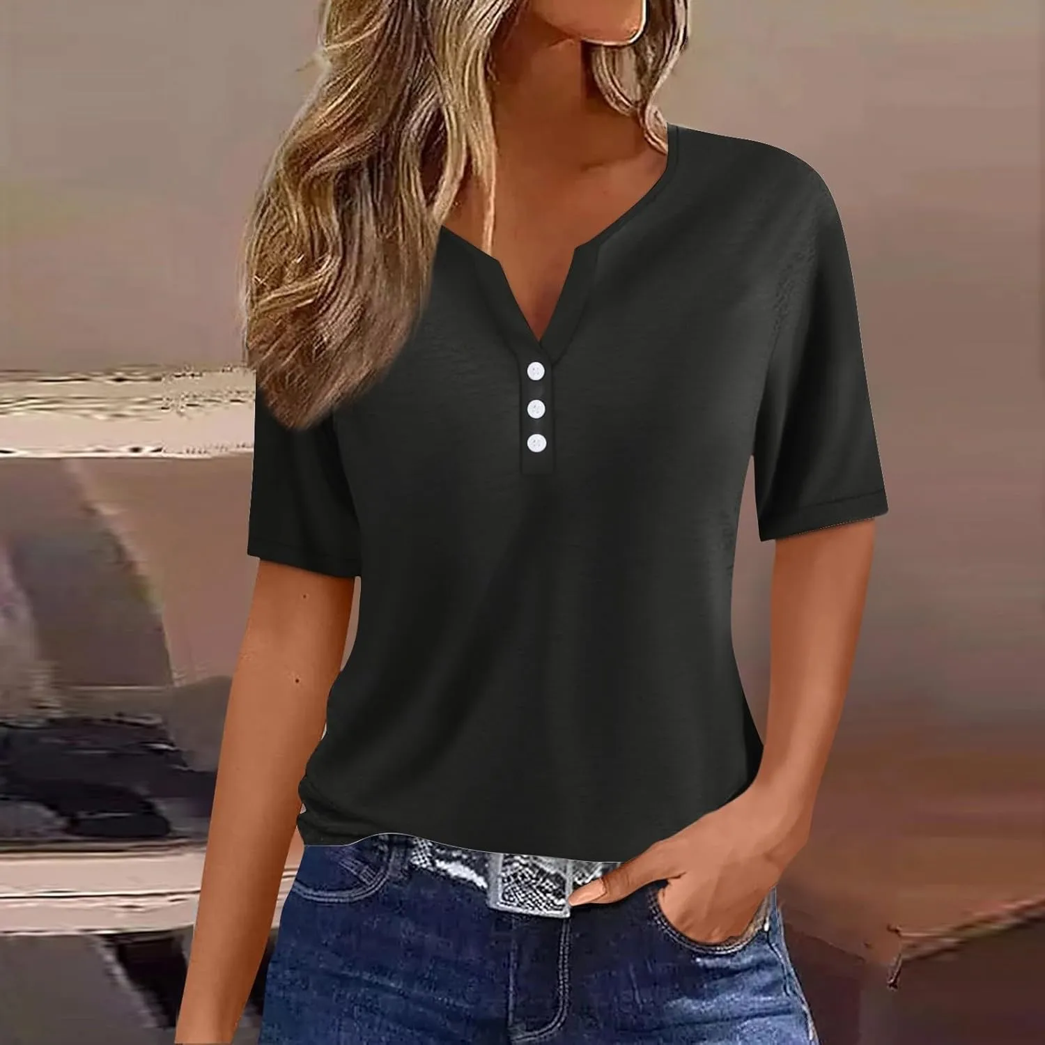 Summer Tops for Women 2025 Trendy Vacation Short Sleeve Button Vneck T Shirt Loose Fitted Boho Graphic Tees Fashion