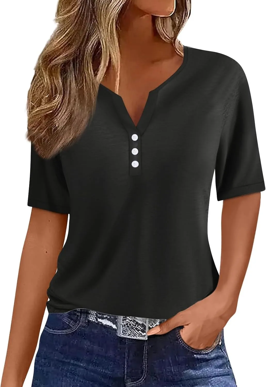 Summer Tops for Women 2025 Trendy Vacation Short Sleeve Button Vneck T Shirt Loose Fitted Boho Graphic Tees Fashion