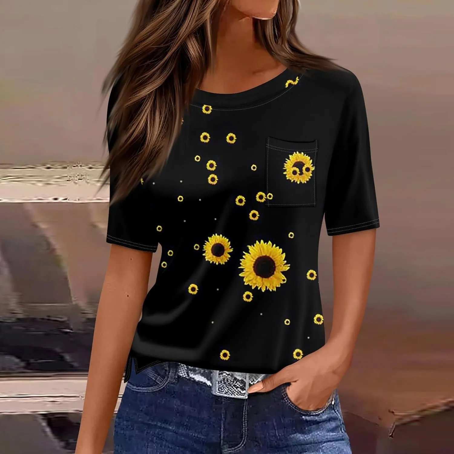 Summer Tops for Women 2025 Vacation Trendy Round Neck Boho Short Sleeve Shirts Casual Loose Comfy Blouses with Pocket