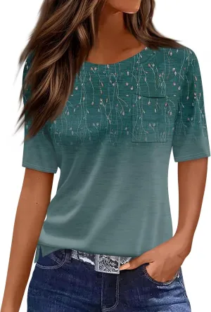 Summer Tops for Women 2025 Vacation Trendy Round Neck Boho Short Sleeve Shirts Casual Loose Comfy Blouses with Pocket